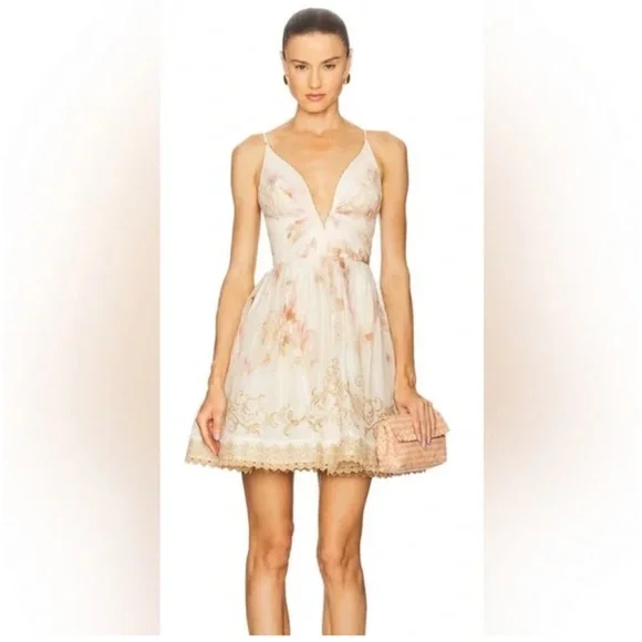 Zimmermann Hypnotic Plunge Neck Linen Silk Minidress In Cream Peony AU 3 US 10 - Picture 1 of 16